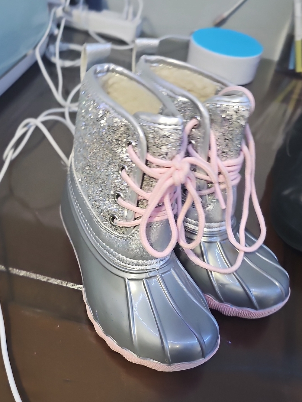 fabkids Silver Glitter Duck Boots with Pink Laces and Trim